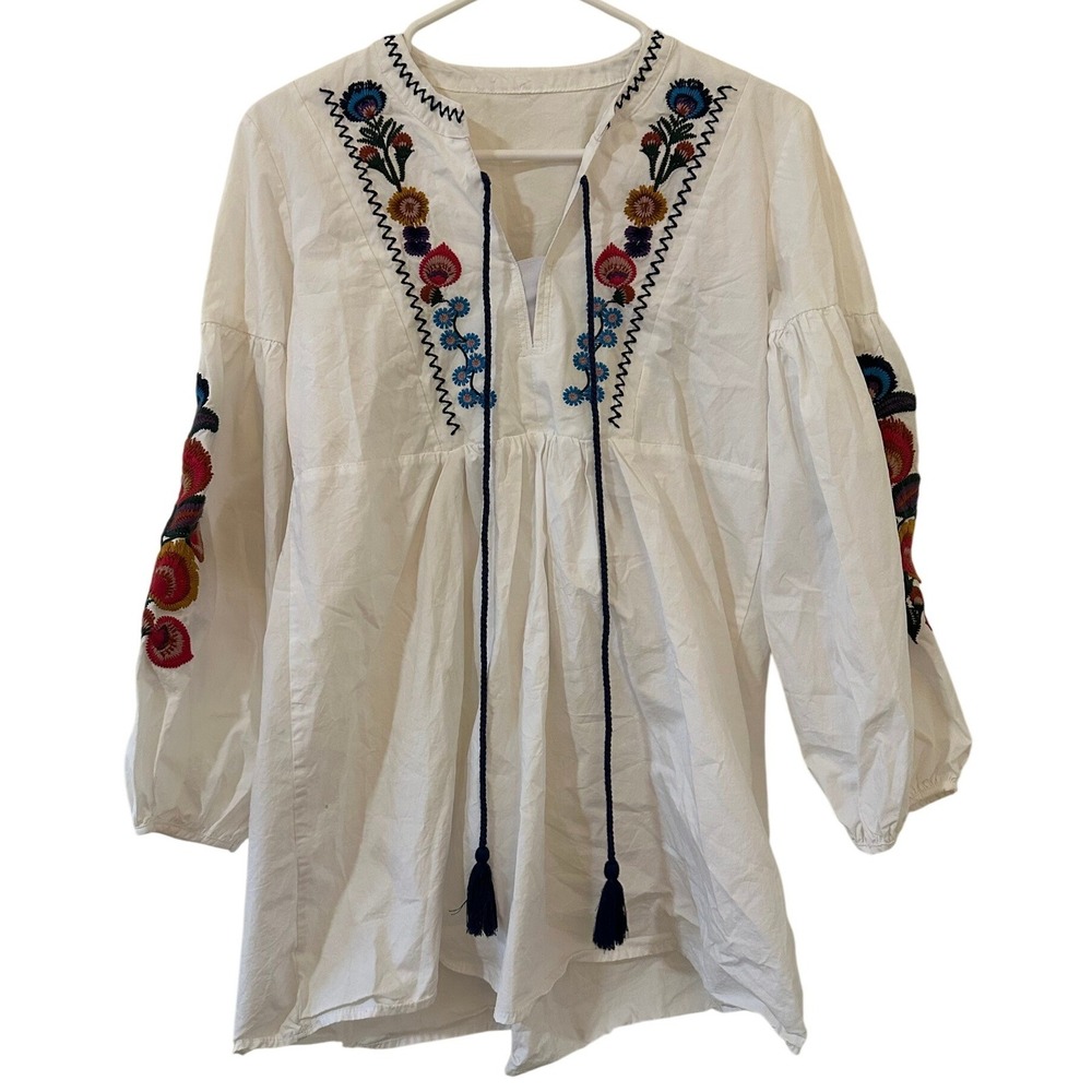 SHEIN Women White Embroidered Peasant Blouse Boho Tassel Puff Sleeve Top Medium